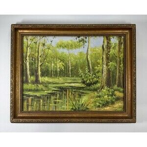 Woodland Forest Oil Painting With Pond From Spain 18”x15” R.P. 2013 Cottage Core